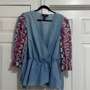 Ashley Stewart Blue Blouse with Multicolor Sleeves